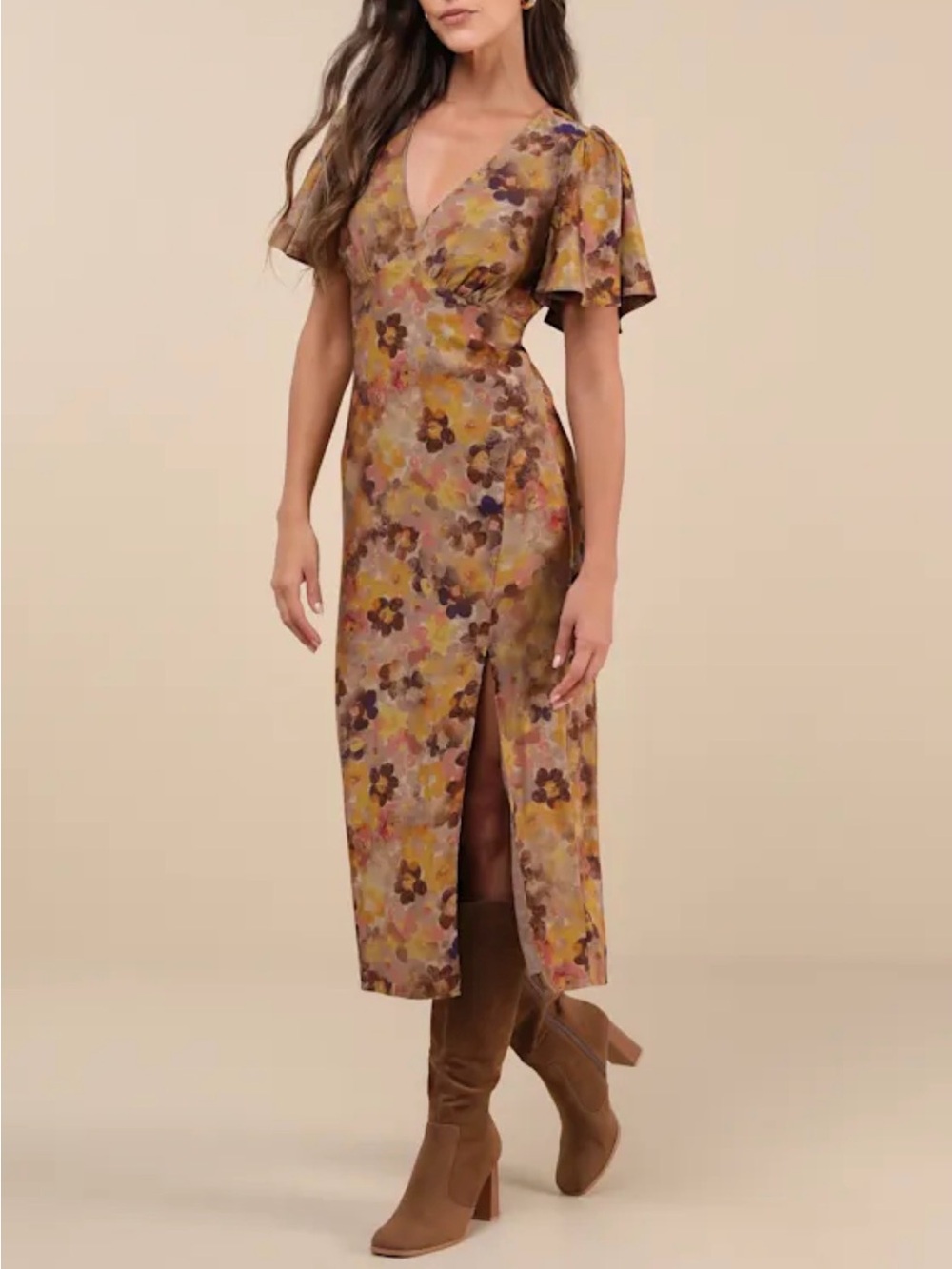 Lulus Floral Wrap Midi Dress in Mustard